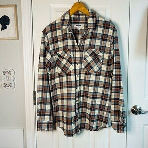 RSQ blue tan & orange plaid button down flannel shirt